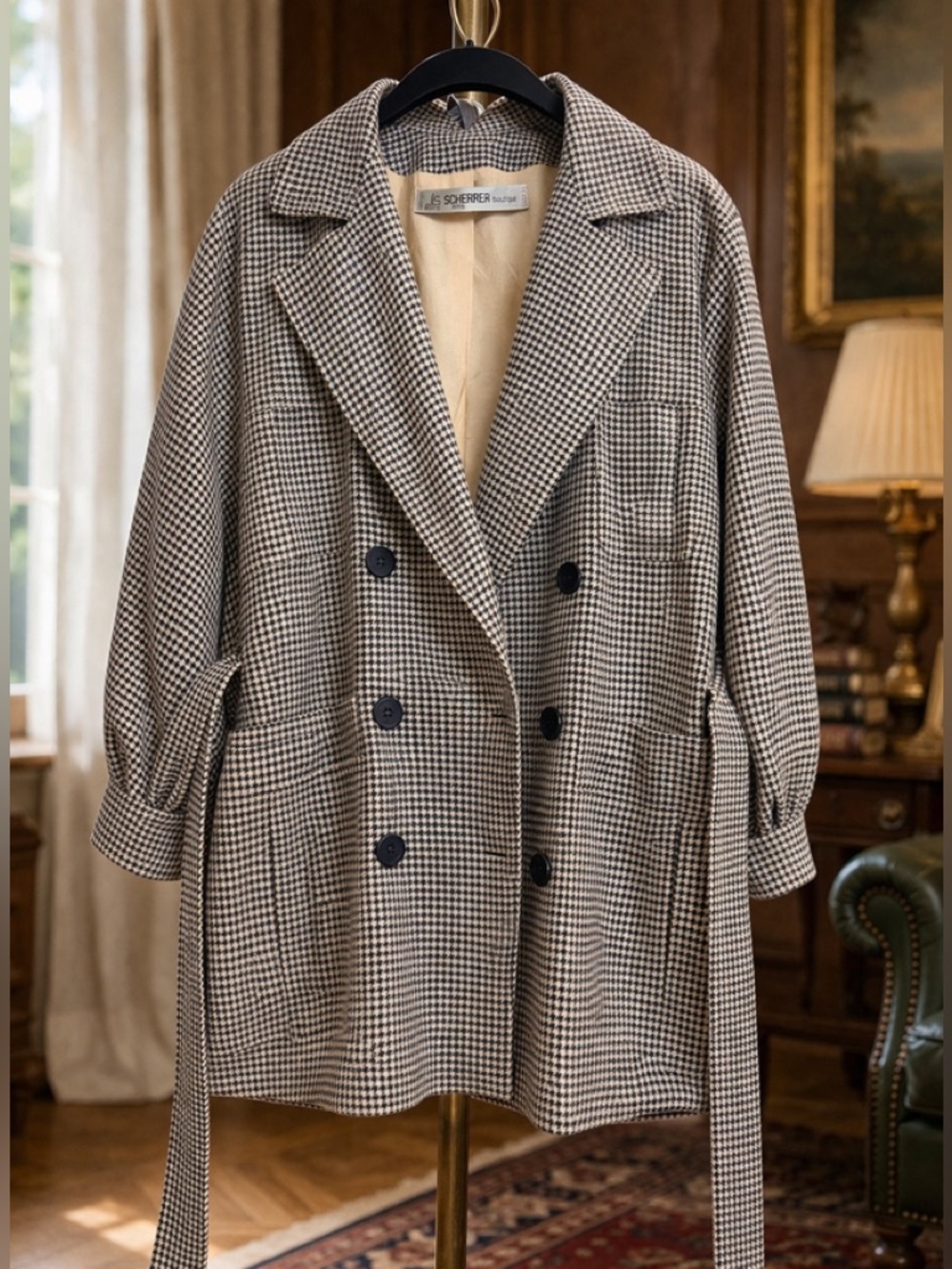 Vtg Jean-Louis Scherrer Paris Safari DB Belted Houndstooth Blazer Wool Silk FR